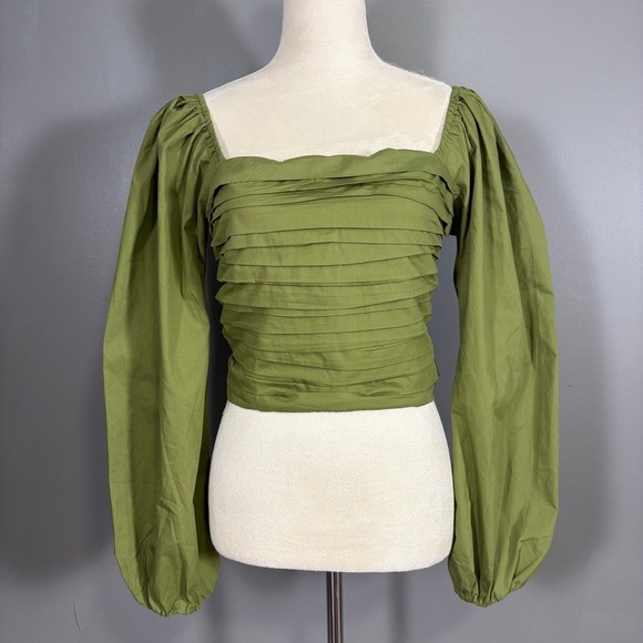 NWT Abercrombie Fitch Ruched Square Neck Puff Sleeve Crop Top S Green Peasant - Picture 2 of 8